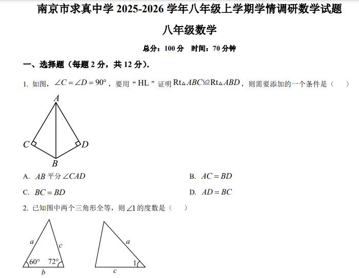 南京市求真中学2025-2026学年八年级上学期 学情调研数学试题